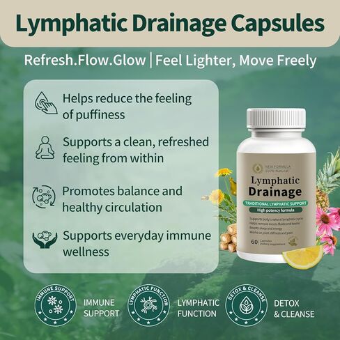 Lymphatic Drainage Supplement – Natural Herbal Formula with Dandelion, Burdock & Echinacea, Supports Fluid Balance, Immune Health & Cellulite Reduction – 60 Capsules in Saudi Arabia