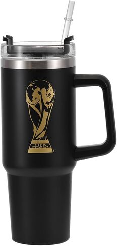 الإصدار الرسمي لكأس العالم FIFA 2026 - كوب مزدوج معزول سعة 30 أونصة بمقبض وقش - ستانلس ستيل ممتاز - غسيل يدوي فقط - يحافظ على المشروبات ساخنة 12 ساعة/باردة 24 ساعة - أسود in Kuwait