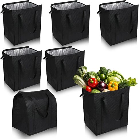 6 Pcs Insulated Shopping Bags For Groceries Large Reusable Cooler Bags Thermal Totes With Zippered Top For Hot Cold Food Delivery Refrigerator Pizza(Black) in Saudi Arabia