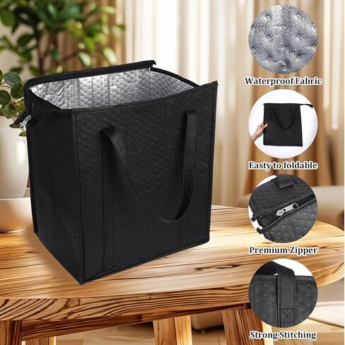 6 Pcs Insulated Shopping Bags For Groceries Large Reusable Cooler Bags Thermal Totes With Zippered Top For Hot Cold Food Delivery Refrigerator Pizza(Black) in Saudi Arabia