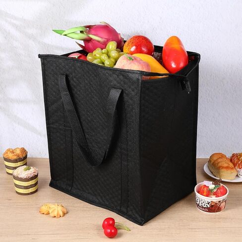 6 Pcs Insulated Shopping Bags For Groceries Large Reusable Cooler Bags Thermal Totes With Zippered Top For Hot Cold Food Delivery Refrigerator Pizza(Black) in Saudi Arabia