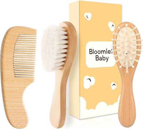 فرشاة الأطفال الخشبية ومجموعة مشط من 3 قطع من خشب الزان مسطح ، فرش باسوود مع شعيرات الصوف الناعمة ومشط وسادة الخيزران-هدية الطفل المثالية اللطيفة in Kuwait