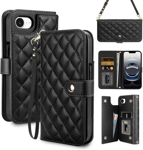 Vofolen for iPhone 15 Pro Max Case with Card Holder Crossbody Wrist Strap Leather Case with Magnetic Clasp Kickstand Heavy Duty Protective Wallet Phone Case for iPhone 15 Pro Max for Women, Black in Saudi Arabia