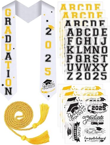 JULBEAR Graduation Stole Class of 2024, Graduation Cord DIY White Graduation Stole Gold Honor Cord Unisex Adult Graduation Sash with 8 Sheets Iron on Letters Patterns Number Patches (White) in Kuwait