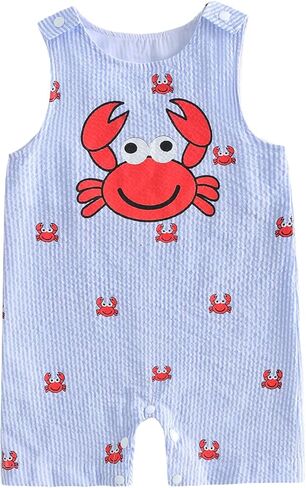 Newborn Baby Boy Romper Fishing Embroidered Outfit Plaid Sleeveless Jumpsuit Infant Overalls Summer Clothes in Kuwait