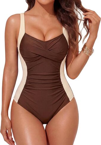Smismivo Womens Tummy Control One Piece Swimsuit Slimming Color Block Bathing Suit V Neck Front Crisscross Shapewear Swimwear in Saudi Arabia