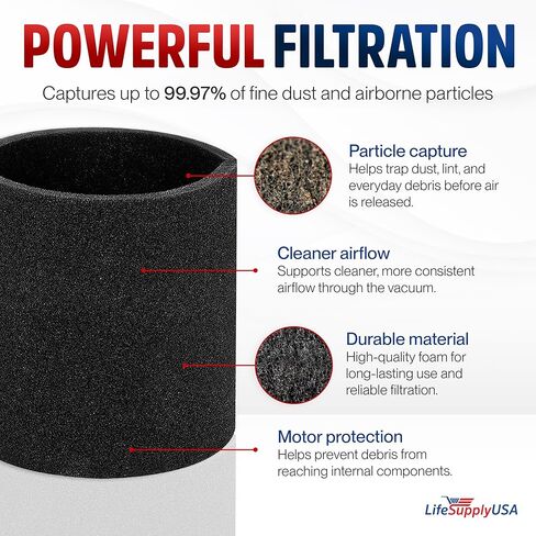 LifeSupplyusa Foam Sleeve Wet/Dry Vacuum Filter بديل متوافق مع Shopvac 90585 9058500 9058562 Type R ومعظم منظفات فرقة Vacmaster Genie Shop in Kuwait