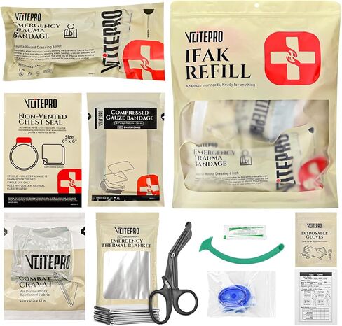 11Pcs IFAK Trauma Kit, First Aid Kit Refill Supplies with Non-Vented Chest Seal, 6" Emergency Trauma Bandage & Compressed Gauze, Tactical Trauma Medical Supplies for Combat Wound Care in Kuwait