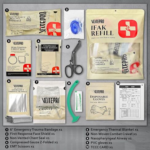 11Pcs IFAK Trauma Kit, First Aid Kit Refill Supplies with Non-Vented Chest Seal, 6" Emergency Trauma Bandage & Compressed Gauze, Tactical Trauma Medical Supplies for Combat Wound Care in Kuwait