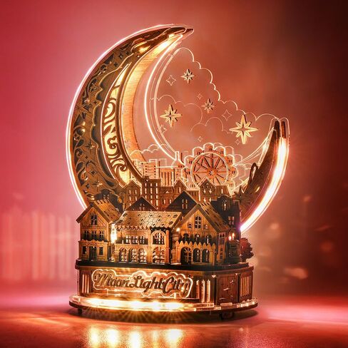 3D DIY Puzzle Moon City Model - LED 3D Wood Puzzle - 3D Wooden Puzzles for Adults Home Décor Gifts for Kids and Adults, Brown in Kuwait