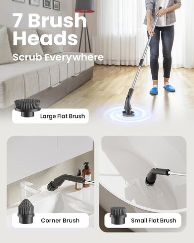 Leebein Electric Spin Scrubber، 2026 فرشاة تنظيف لاسلكية مطورة لغسيل الحمام، IPX7 منظف كهربائي مقاوم للماء مع 7 رؤوس فرشاة، منظف كهربائي بمقبض طويل قابل للتمديد لأرضية حوض الاستحمام in Kuwait