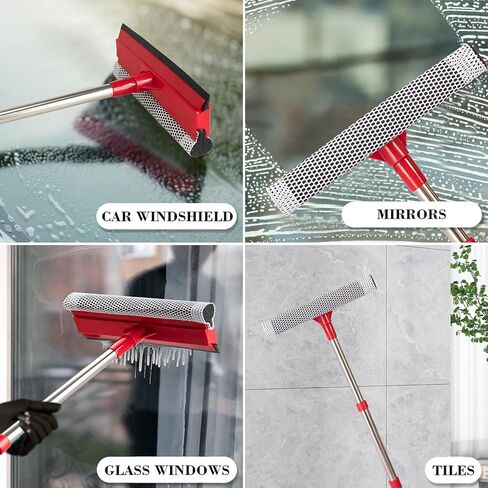Window Squeegee with 15.7"-27.5" Retractable Stainless Steel Handle, 2-in-1 Windshield Cleaner Tool for Cars, Trucks, Glass Doors, Shower Glass, Outdoor Windows – Window Cleaner (Red) in Kuwait