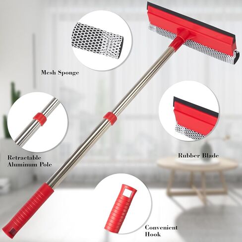 Window Squeegee with 15.7"-27.5" Retractable Stainless Steel Handle, 2-in-1 Windshield Cleaner Tool for Cars, Trucks, Glass Doors, Shower Glass, Outdoor Windows – Window Cleaner (Red) in Kuwait