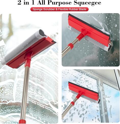 Window Squeegee with 15.7"-27.5" Retractable Stainless Steel Handle, 2-in-1 Windshield Cleaner Tool for Cars, Trucks, Glass Doors, Shower Glass, Outdoor Windows – Window Cleaner (Red) in Kuwait