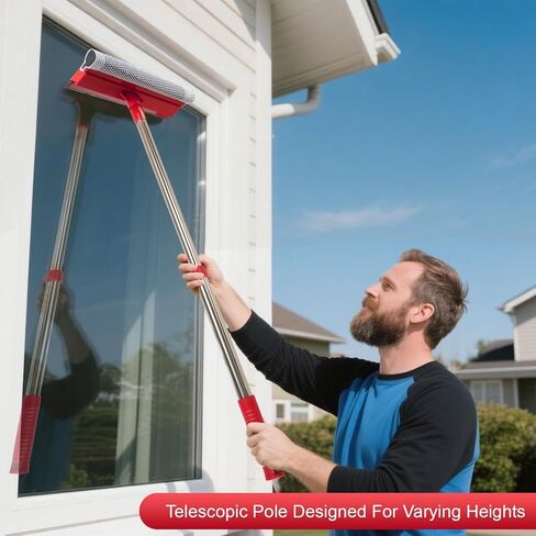 Window Squeegee with 15.7"-27.5" Retractable Stainless Steel Handle, 2-in-1 Windshield Cleaner Tool for Cars, Trucks, Glass Doors, Shower Glass, Outdoor Windows – Window Cleaner (Red) in Kuwait