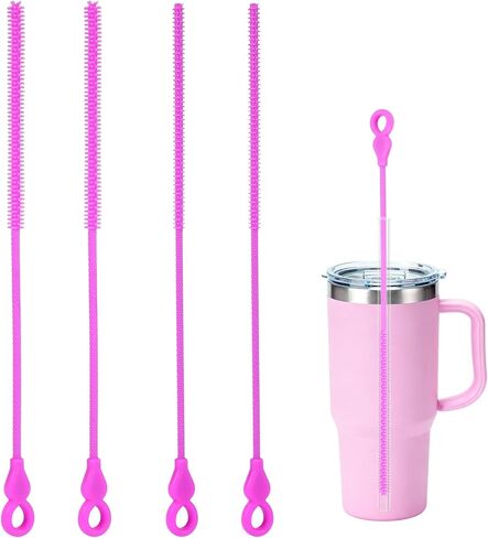 Silicone Straw Cleaner Brush, 4-Piece Reusable Straw Brush Set with Extra-Long Design for Cleaning Thin Metal Straws and Wider Milkshake Straws （6mm+9mm Pink) in Saudi Arabia