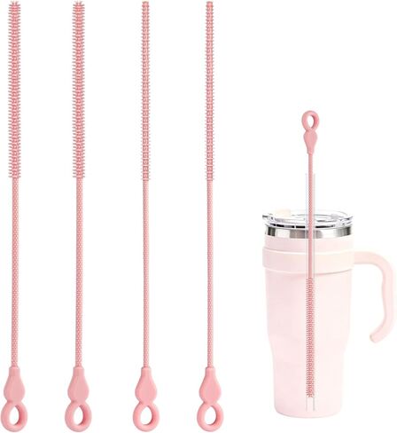 Silicone Straw Cleaner Brush, 4-Piece Reusable Straw Brush Set with Extra-Long Design for Cleaning Thin Metal Straws and Wider Milkshake Straws （6mm+9mm Pink) in Saudi Arabia