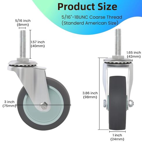 عجلات العجلات 3 بوصة مجموعة من 4 عجلات جذعية ملولبة شديدة التحمل 5/16 بوصة - 18 × 1-1/2 بوصة عجلات صناعية مطاطية دوارة عجلات ممتازة لرفوف الأسلاك/الأثاث/العربات التي تحمل حمولة 600 رطل in Kuwait