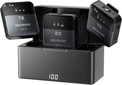 ميكروفون MELONARE LM-2 اللاسلكي المحمول، تقليل الضوضاء بالذكاء الاصطناعي، حافظة شحن 30 ساعة، ميكروفون طية صدر السترة 2.4 جيجا هرتز لهواتف iPhone/Android/الكمبيوتر اللوحي/الكاميرا in Kuwait