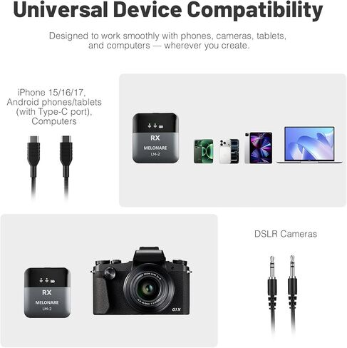 ميكروفون MELONARE LM-2 اللاسلكي المحمول، تقليل الضوضاء بالذكاء الاصطناعي، حافظة شحن 30 ساعة، ميكروفون طية صدر السترة 2.4 جيجا هرتز لهواتف iPhone/Android/الكمبيوتر اللوحي/الكاميرا in Kuwait