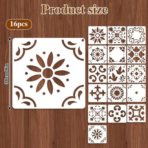 16 مجموعة استنسل البلاط (8 × 8 بوصة) ، الإسبانية الإسبانية Mexican Talavera Stencils لأثاث جدار الأرضية Canvas DIY ديكور in Saudi Arabia