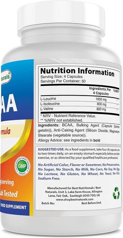 Best Naturals BCAA Branch Chain Amino Acid, 3200mg per Serving, 200 Capsules - Pharmaceutical Grade - 100% Pure Instantized Formula | Pre/Post Workout Bodybuilding Supplement | Boost Muscle Growth in Saudi Arabia