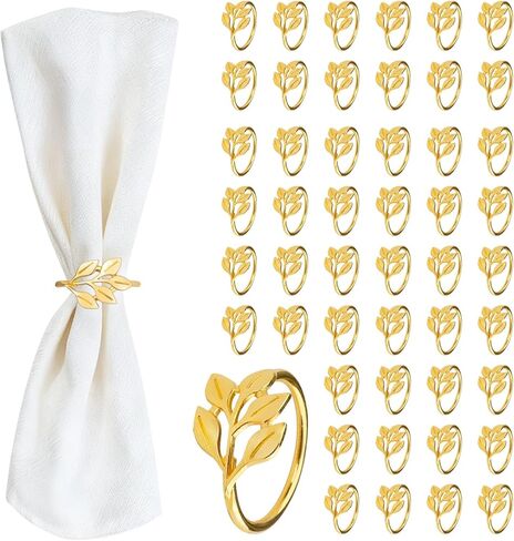 CEYAZYE حلقات منديل ذهبية مجموعة من 50، حامل مناديل أوراق الشجر أبازيم لديكور الطاولة، حلقة رقيقة من سبائك الزنك اللامعة لحفلات العشاء وحفلات الزفاف والمطبخ وعيد الشكر وعيد الميلاد والمناسبات الخاصة in Kuwait