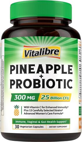 Vitalibre Pineapple + Probiotic, 300 mg, 25 Billion CFUs, 13 Strains, Natural Vitamin C, Powerful Antioxidants, for Immunity, Vaginal, Gut Health, 30 Vegan Capsules, Non GMO in Kuwait