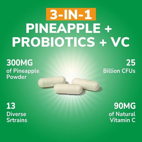 Vitalibre Pineapple + Probiotic, 300 mg, 25 Billion CFUs, 13 Strains, Natural Vitamin C, Powerful Antioxidants, for Immunity, Vaginal, Gut Health, 30 Vegan Capsules, Non GMO in Kuwait
