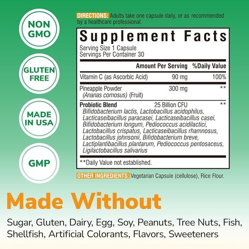 Vitalibre Pineapple + Probiotic, 300 mg, 25 Billion CFUs, 13 Strains, Natural Vitamin C, Powerful Antioxidants, for Immunity, Vaginal, Gut Health, 30 Vegan Capsules, Non GMO in Kuwait