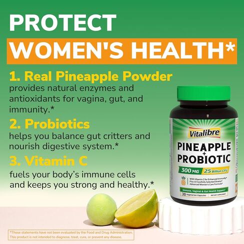 Vitalibre Pineapple + Probiotic, 300 mg, 25 Billion CFUs, 13 Strains, Natural Vitamin C, Powerful Antioxidants, for Immunity, Vaginal, Gut Health, 30 Vegan Capsules, Non GMO in Kuwait