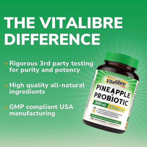 Vitalibre Pineapple + Probiotic, 300 mg, 25 Billion CFUs, 13 Strains, Natural Vitamin C, Powerful Antioxidants, for Immunity, Vaginal, Gut Health, 30 Vegan Capsules, Non GMO in Kuwait