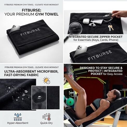 Microfiber Gym Towel with Zipper Pocket – Quick Dry Sweat Absorbent Workout Towel with Secure Pocket for Phone, Keys & Gym Essentials in Saudi Arabia