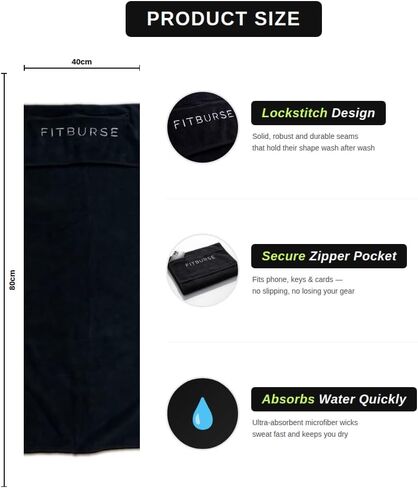 Microfiber Gym Towel with Zipper Pocket – Quick Dry Sweat Absorbent Workout Towel with Secure Pocket for Phone, Keys & Gym Essentials in Saudi Arabia