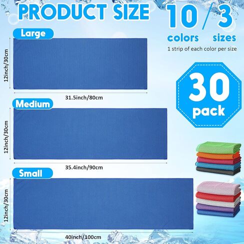 Redbaker 30 Pcs Cooling Towels 3 Sizes 40/35/31" Ice Towel Chilly Yoga Towel Microfiber Gym Towels for Neck Face Sports Workout Running Fitness Accessories, 10 Colors in Kuwait