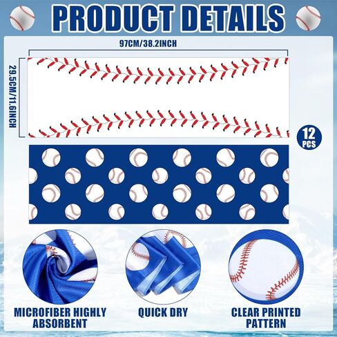 Lonfliness 12 Pcs Baseball Cooling Towels 38x12 Inch Breathable Baseball Microfiber Ice Towel Fast Drying Workout Rags Bulk Sport Team Gift for Team Gym Running Coach Sport Party Favors(White,Blue) in Saudi Arabia