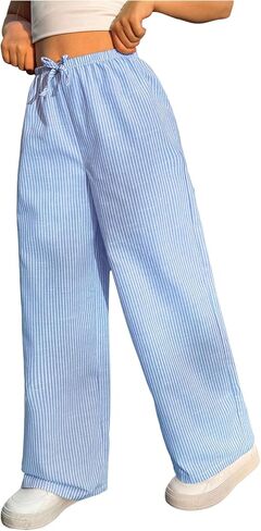 SweatyRocks Girl's Tie Knot Elastic Waist Striped Pants Baggy Straight Leg Long Trousers in Saudi Arabia