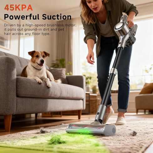 Cordless Stick Vacuum Cleaner - Rechargeable,45Kpa Powerful Suction Vacuum for Home,45Mins Runtime,Detachable Battery,Anti-Tangle, 8 in 1 Lightweight Vacuum for Pet Hair Carpet Hardwood,Silver in Saudi Arabia