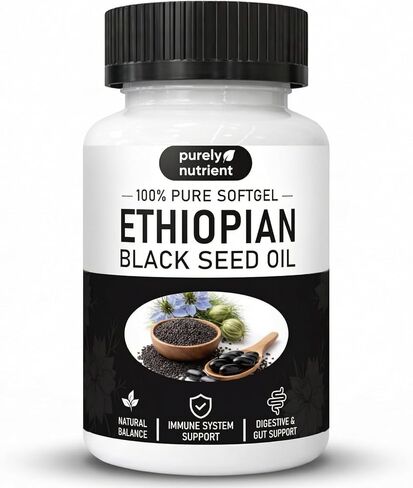 Purely Nutrient Ethiopian Black Seed Oil, Purely Ethiopian Organic BlackSeed Oil Capsules with Thymoquinone - Organic Cold Pressed, 60 Softgels in Kuwait