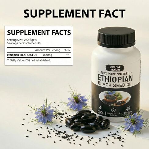 Purely Nutrient Ethiopian Black Seed Oil, Purely Ethiopian Organic BlackSeed Oil Capsules with Thymoquinone - Organic Cold Pressed, 60 Softgels in Kuwait