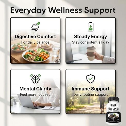 Purely Nutrient Ethiopian Black Seed Oil, Purely Ethiopian Organic BlackSeed Oil Capsules with Thymoquinone - Organic Cold Pressed, 60 Softgels in Kuwait