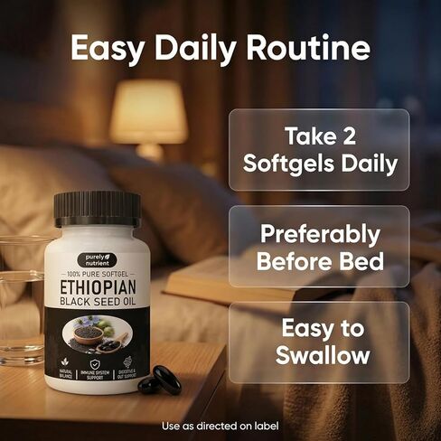 Purely Nutrient Ethiopian Black Seed Oil, Purely Ethiopian Organic BlackSeed Oil Capsules with Thymoquinone - Organic Cold Pressed, 60 Softgels in Kuwait