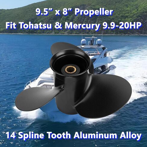 مروحة قارب خارجية من الألومنيوم 9.5 × 8 لمحركات توهاتسو وميركوري 9.9-20HP، 14 سنًا، 3BAB64516-1، متوافقة مع توهاتسو وميركوري 9.9HP 12HP 15HP 18HP 20HP، RH in Kuwait