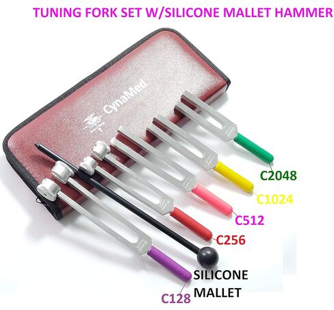 Cynamed Tuning Fork Set of 6 -Diagnostic Tuning Fork Color Coded Non-Slip Grip -C128,C256,C512,C1024,C2048 with Silicone Mallet Hammer in Saudi Arabia