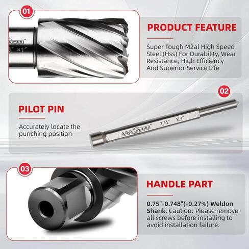 ANGELSWORD HSS Annular Cutter Diameter 7/16", Cutting Depth 1" High Speed Steel, Mag Drill Bits Kit for Magnetic Drill Press, with One 3/16"*3" Pilot Pin in Saudi Arabia