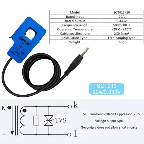 2 قطعة SCT013 SCT-013-020 مستشعر محول سبليت غير جراحي SCT013 0-20A 0.333 فولت محول تيار من النوع المفتوح والإغلاق (20A 0.333 فولت) in Kuwait