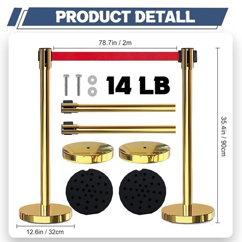 2 قطعة من دعامة التحكم في الحشود الذهبية مع دعامات حزام حمراء قابلة للسحب بطول 6.6 قدم/2 متر مع أحزمة قابلة للسحب، حواجز التحكم في الحشود، حواجز السلامة in Kuwait