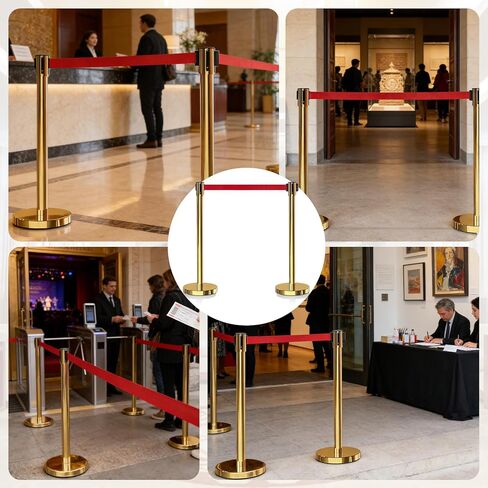2 قطعة من دعامة التحكم في الحشود الذهبية مع دعامات حزام حمراء قابلة للسحب بطول 6.6 قدم/2 متر مع أحزمة قابلة للسحب، حواجز التحكم في الحشود، حواجز السلامة in Kuwait