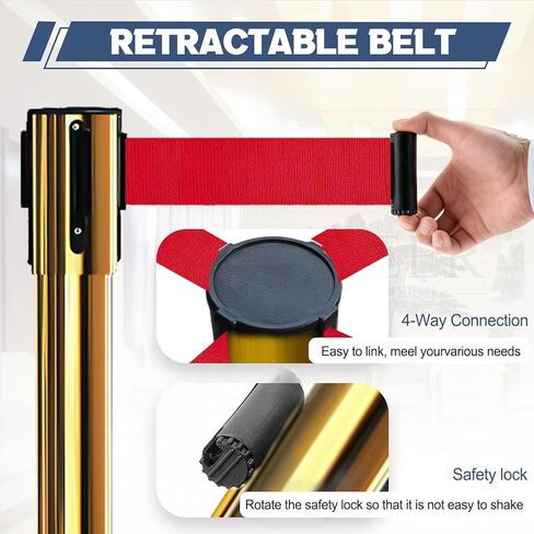 2 قطعة من دعامة التحكم في الحشود الذهبية مع دعامات حزام حمراء قابلة للسحب بطول 6.6 قدم/2 متر مع أحزمة قابلة للسحب، حواجز التحكم في الحشود، حواجز السلامة in Kuwait