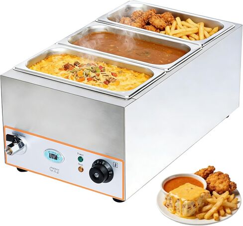 جهاز تدفئة الطعام التجاري ذو 3 مقلاة من CTJ - جهاز تدفئة الطعام على طاولة البخار الكهربائية بقدرة 1500 واط، مقاس 3x5.3 QT من الفولاذ المقاوم للصدأ Bain Marie، مع صنبور تصريف، وطاولة بوفيه للمنزل، وتقديم الطعام، والحفلات، والمطاعم in Kuwait